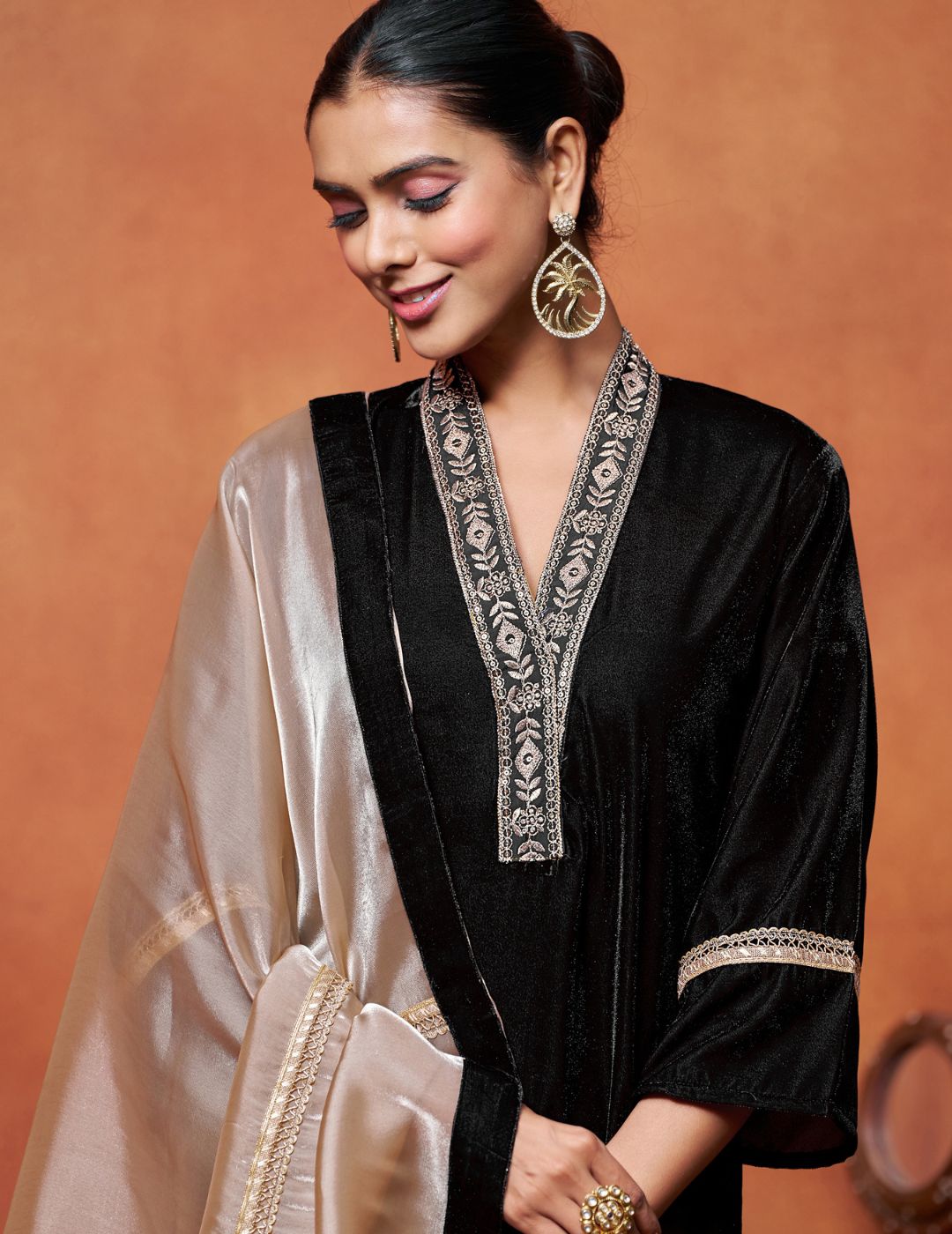 Black Velvet Embroidered Straight Kurta Pant With Dupatta Set