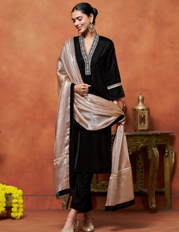 Black Velvet Embroidered Straight Kurta Pant With Dupatta Set