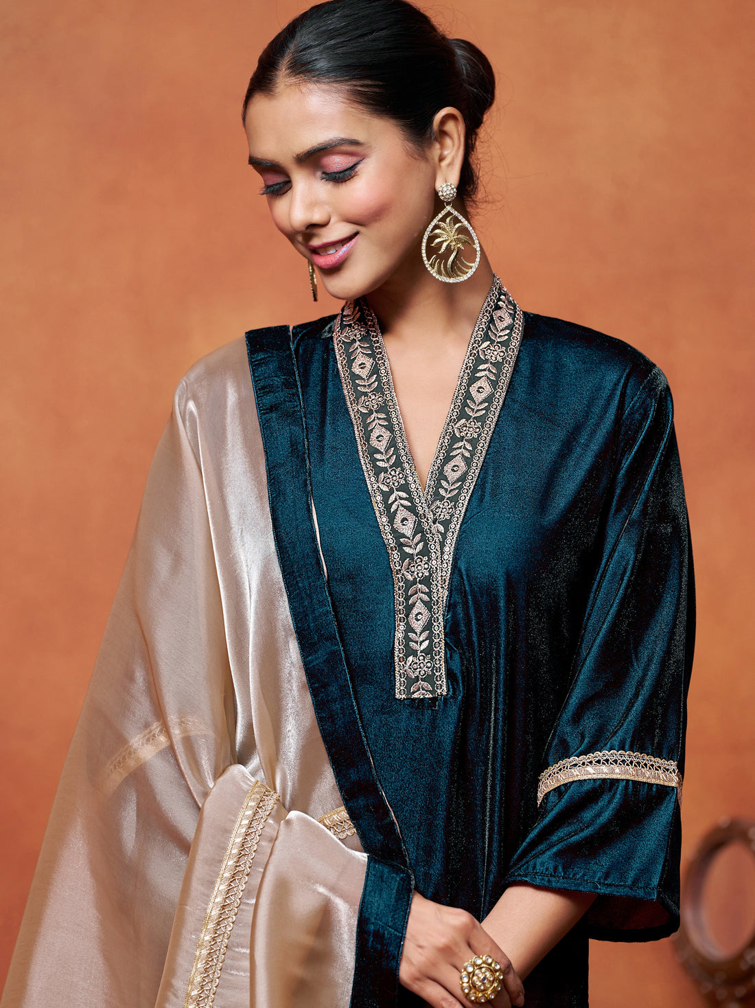 Teal Velvet Embroidered Straight Kurta Pant With Dupatta Set