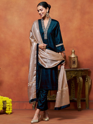 Teal Velvet Embroidered Straight Kurta Pant With Dupatta Set