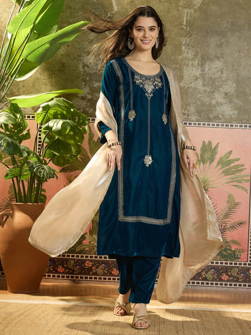 Teal Velvet Embroidery Straight Kurta Pant With Dupatta Set