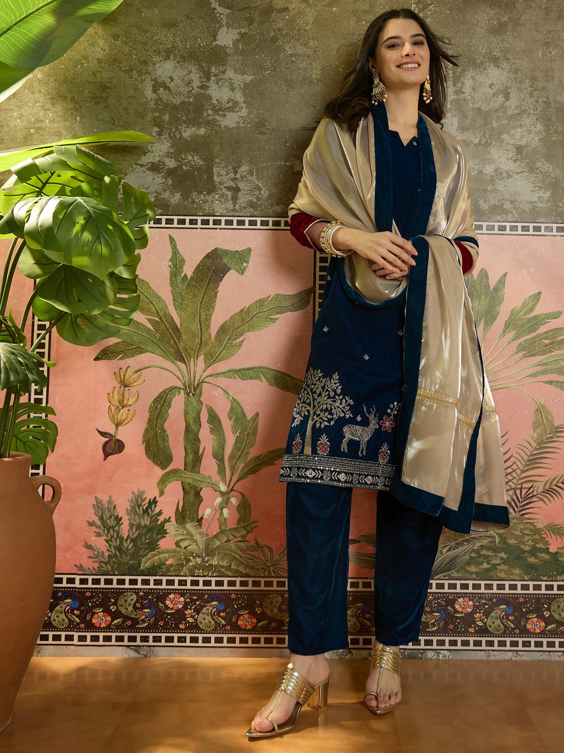 Teal Blue Velvet Embroidered Straight Kurta Pant With Dupatta Set