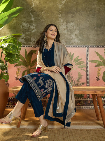 Teal Blue Velvet Embroidered Straight Kurta Pant With Dupatta Set