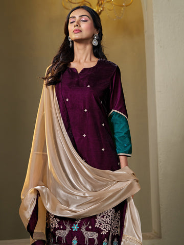Wine Velvet Embroidered Straight Kurta Pant With Dupatta Set