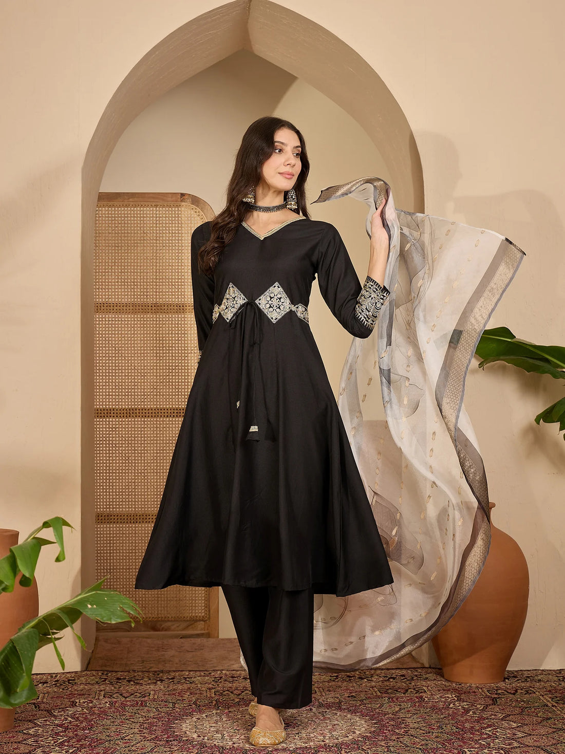 Black Cotton Silk Embroidered Anarkali Kurta Palazzo With Digital Print Dupatta Set