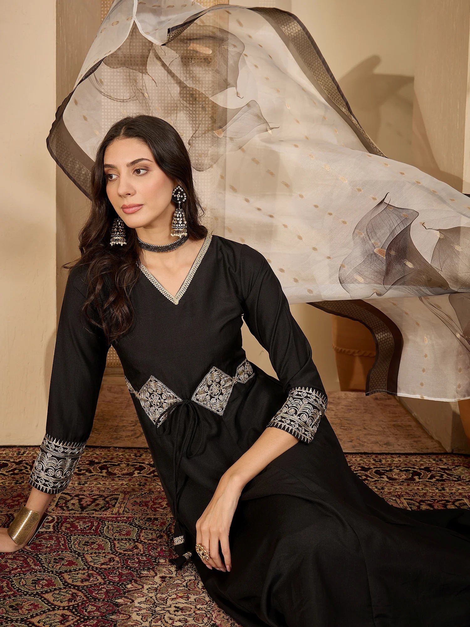 Black Cotton Silk Embroidered Anarkali Kurta Palazzo With Digital Print Dupatta Set