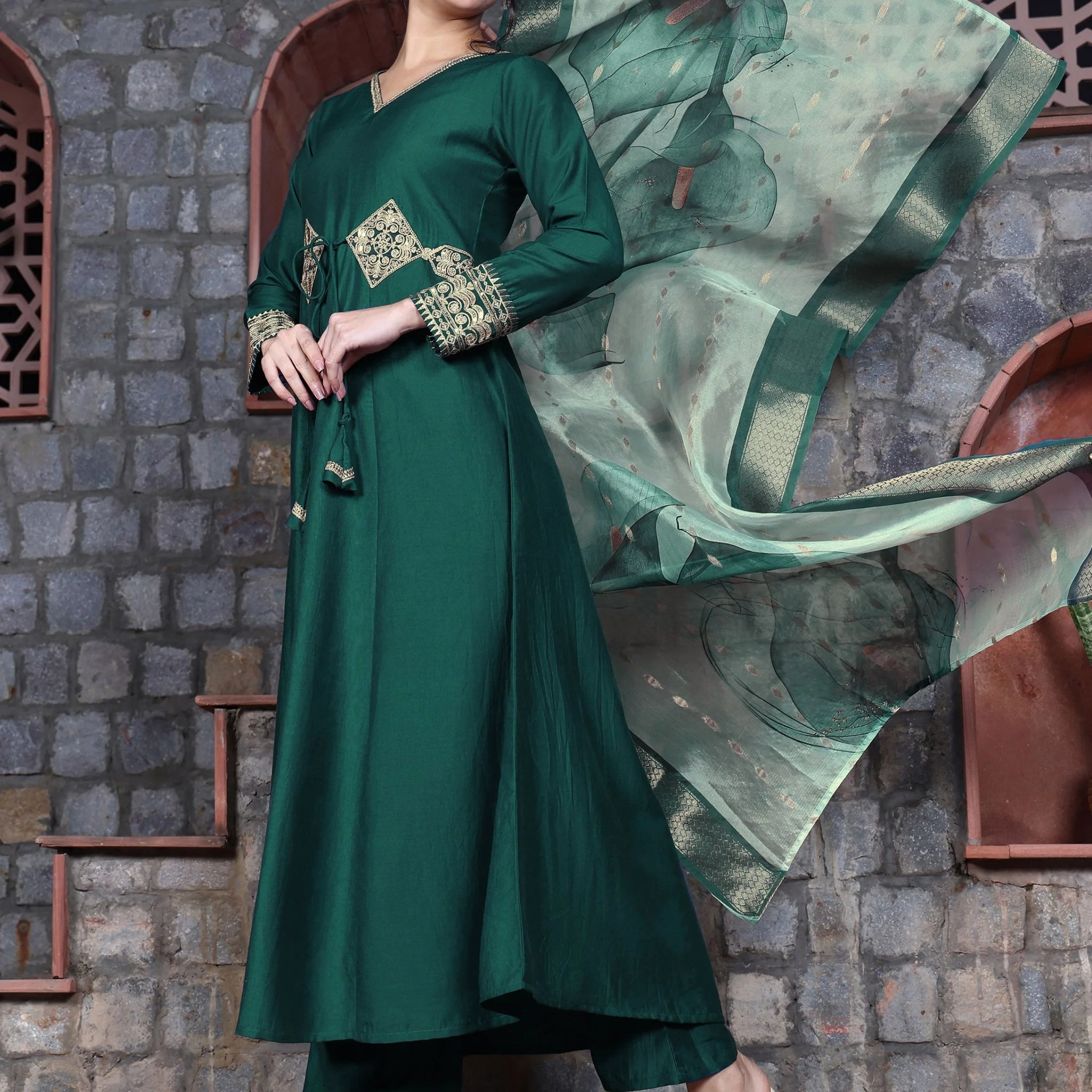 Cotton Silk Green Embroidered Anarkali Kurta Palazzo With Digital Print Dupatta Set