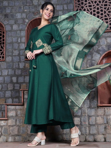 Cotton Silk Green Embroidered Anarkali Kurta Palazzo With Digital Print Dupatta Set