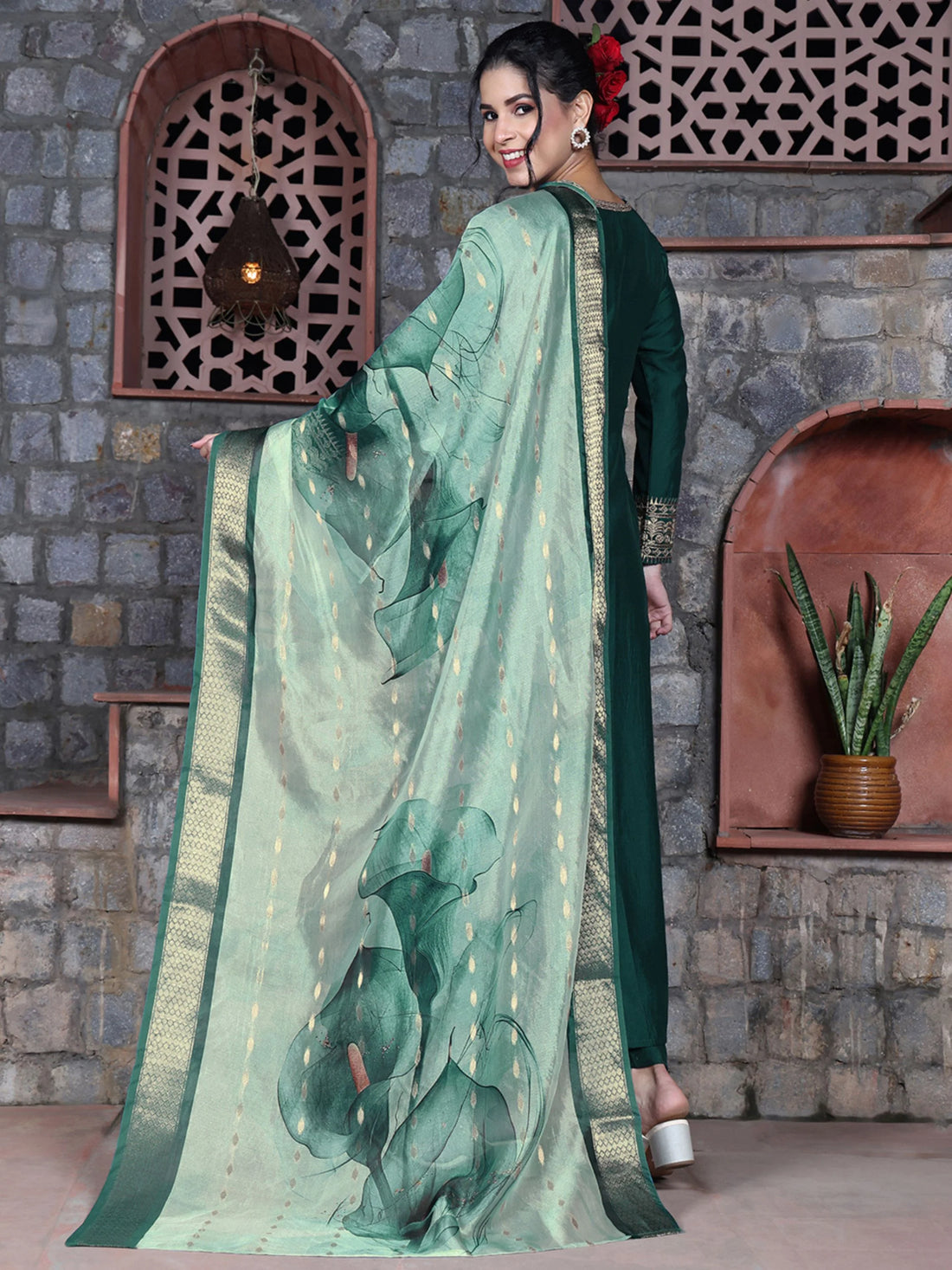 Cotton Silk Green Embroidered Anarkali Kurta Palazzo With Digital Print Dupatta Set