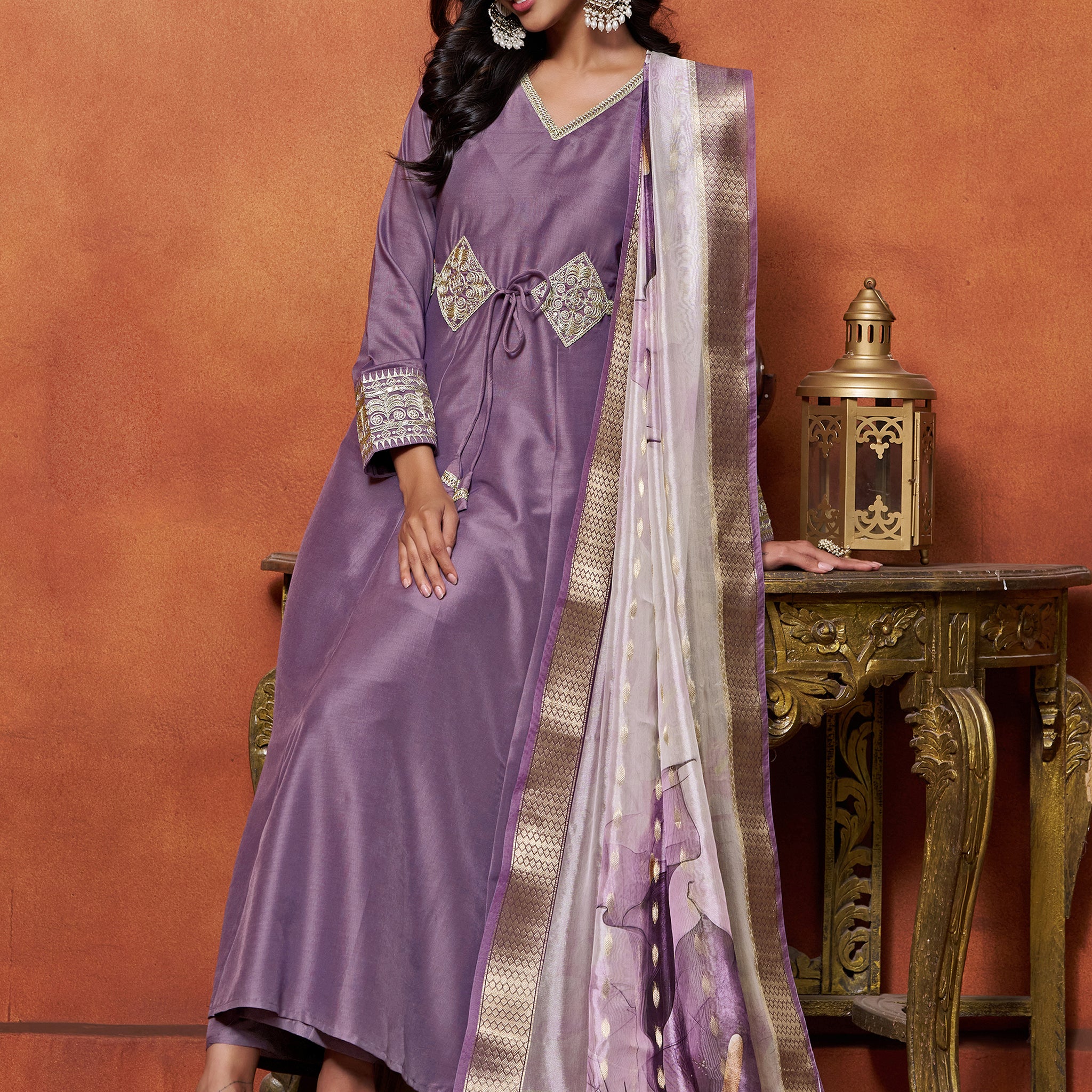 Youthnic Women's Cotton Silk Embroidered Anarkali Kurta Palazzo With Digital Print Dupatta Set (Lavender)