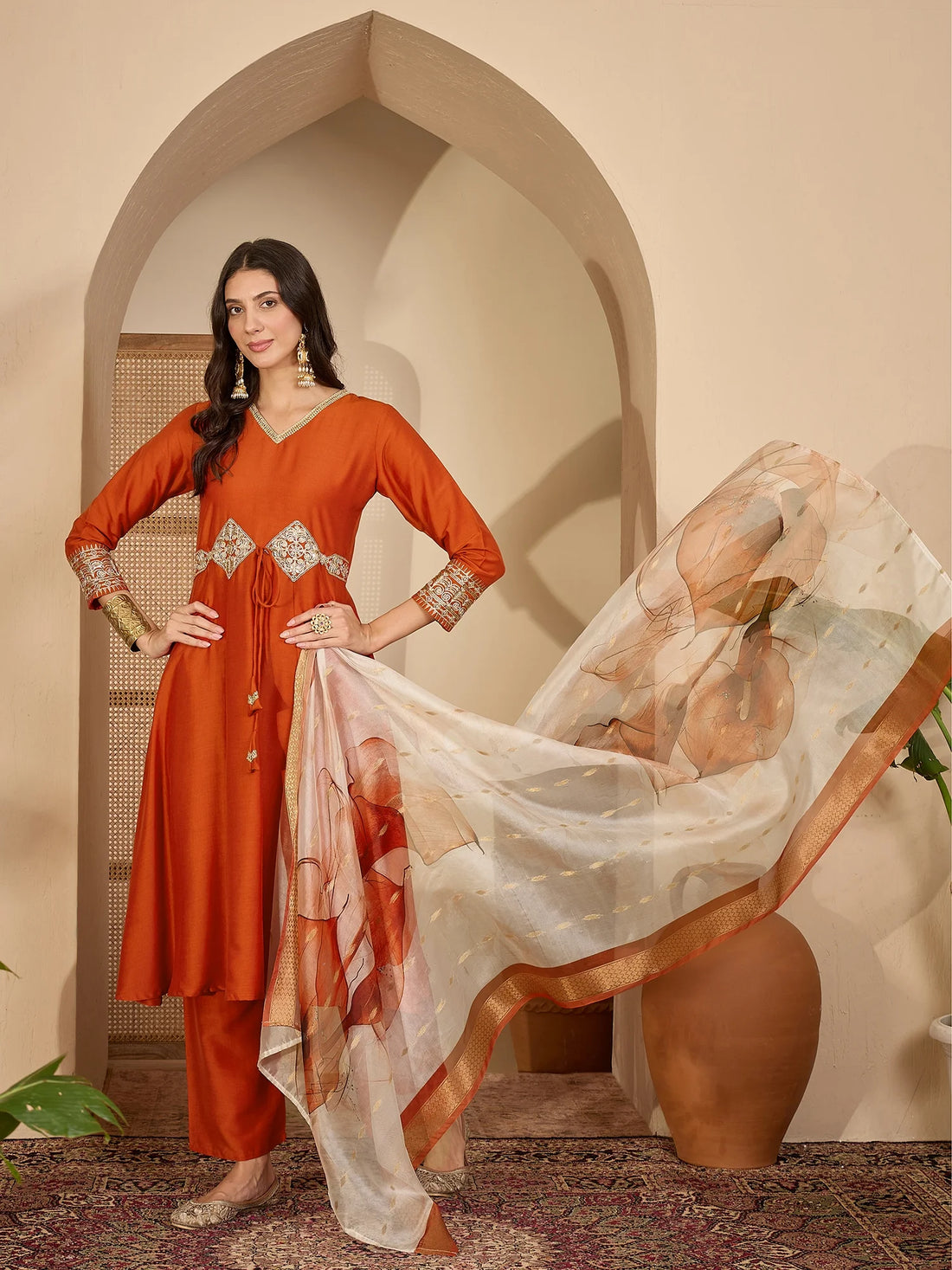 Orange Cotton Silk Embroidered Anarkali Kurta Palazzo With Digital Print Dupatta Set