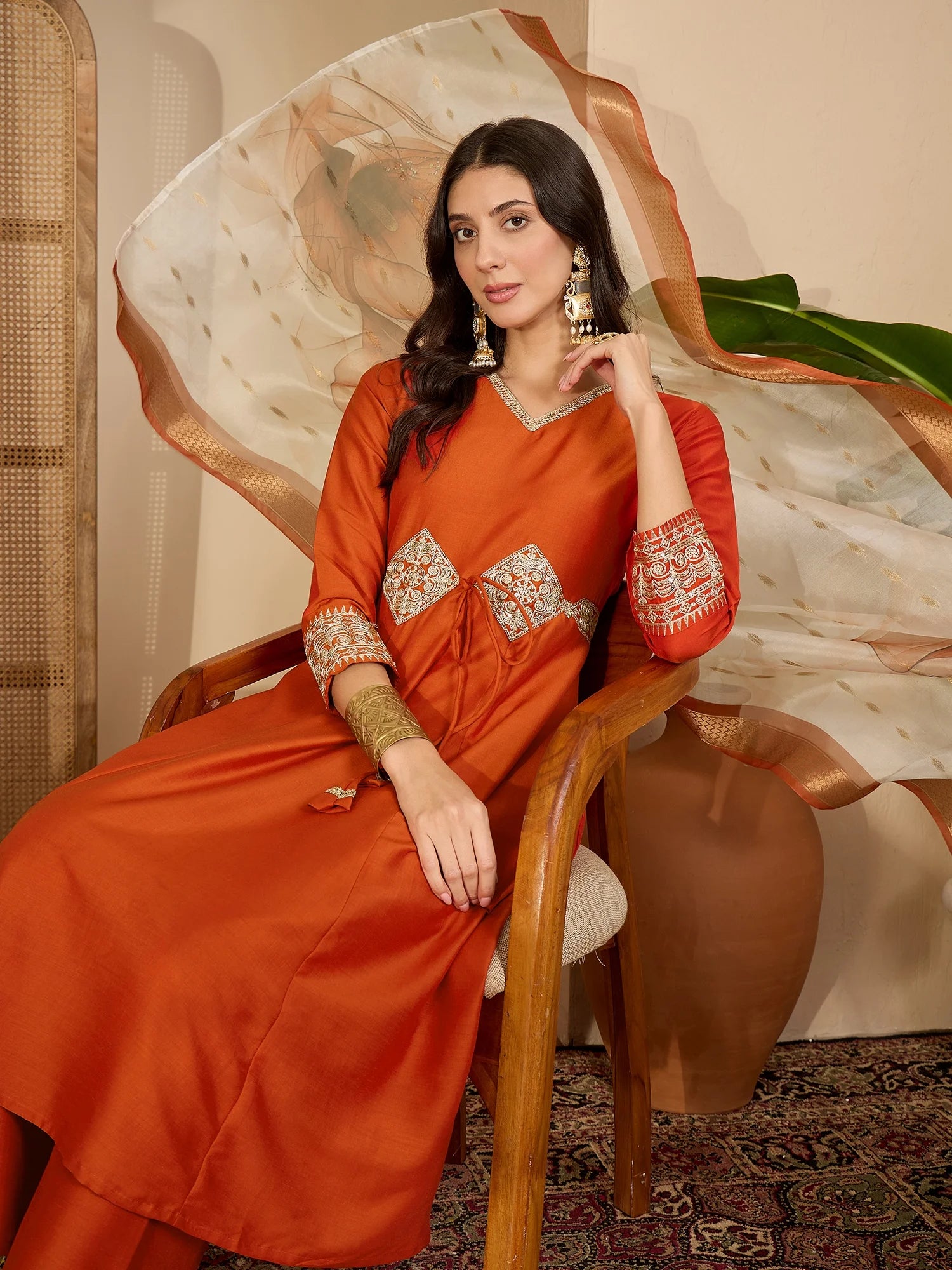 Orange Cotton Silk Embroidered Anarkali Kurta Palazzo With Digital Print Dupatta Set