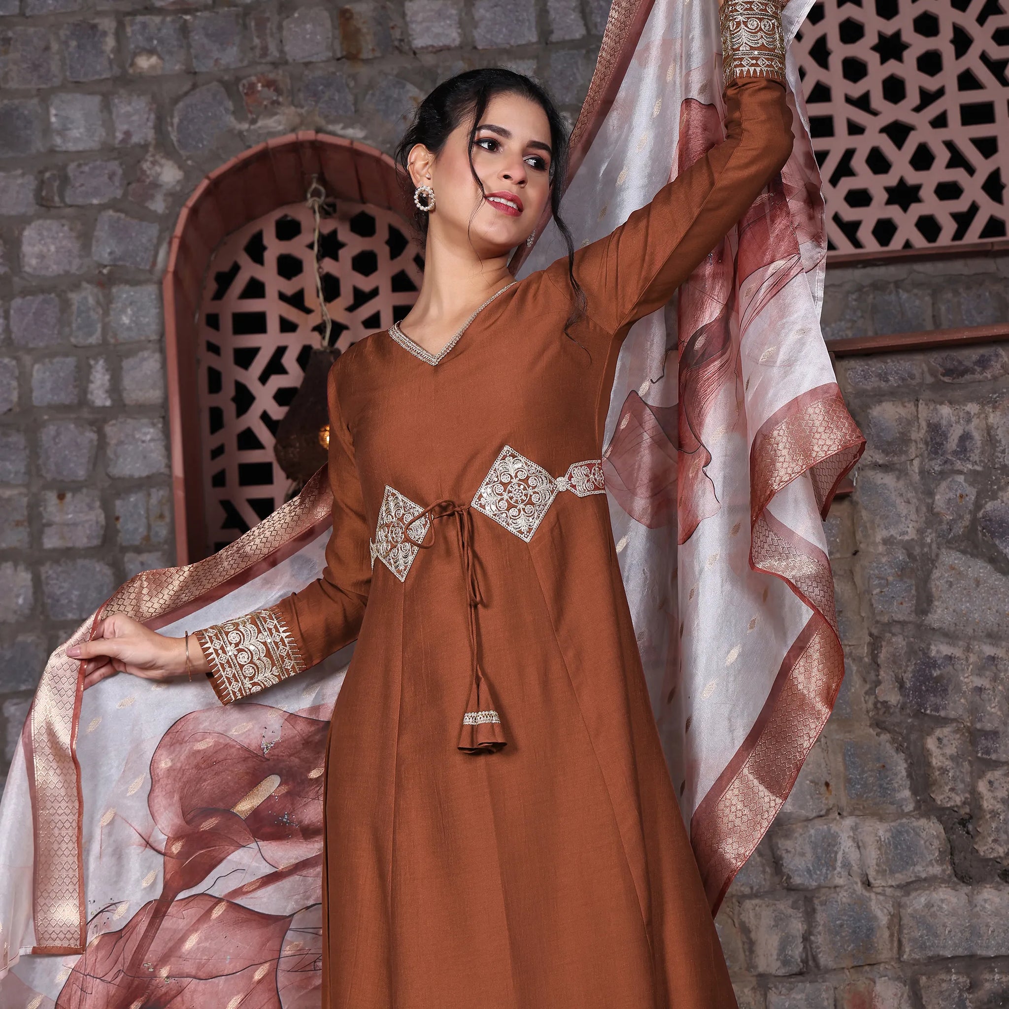 Youthnic Women's Cotton Silk Embroidered Anarkali Kurta Palazzo With Digital Print Dupatta Set (Rust)