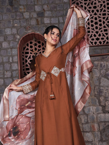 Youthnic Women's Cotton Silk Embroidered Anarkali Kurta Palazzo With Digital Print Dupatta Set (Rust)