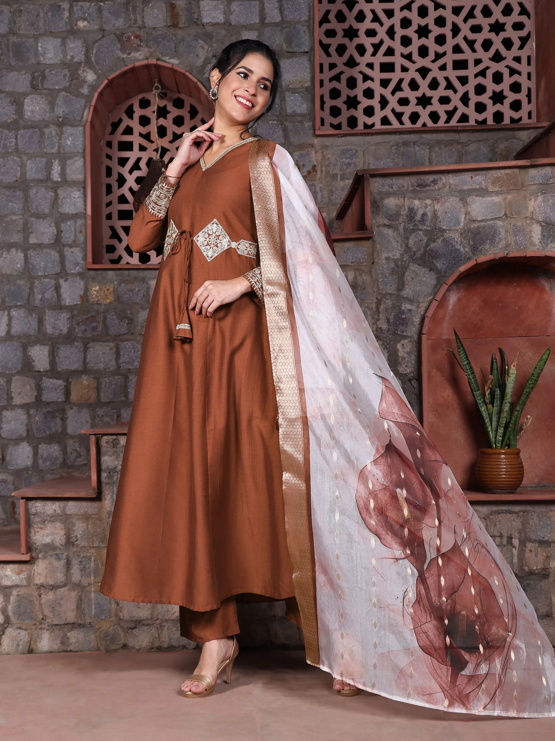 Youthnic Women's Cotton Silk Embroidered Anarkali Kurta Palazzo With Digital Print Dupatta Set (Rust)