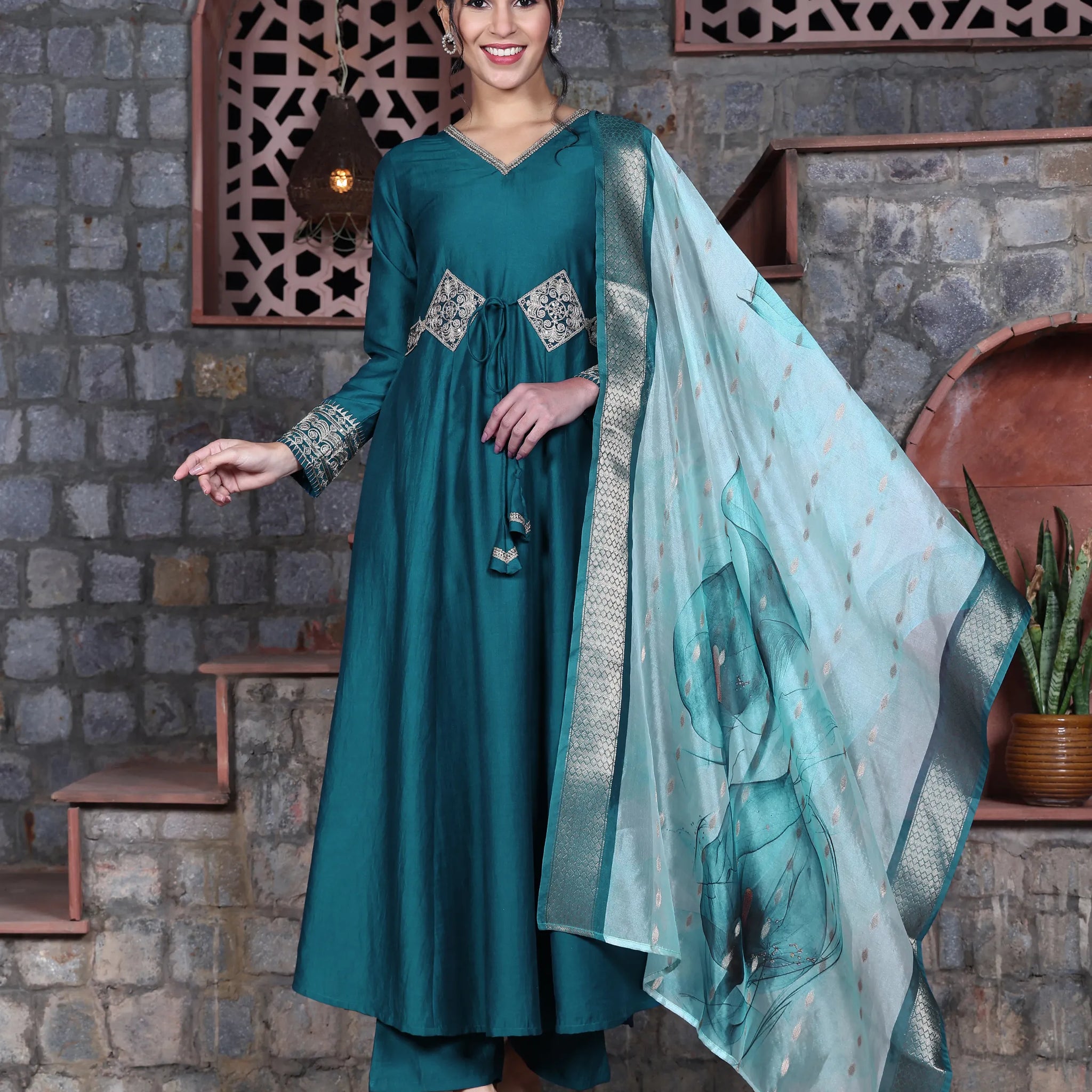 Youthnic Women's Cotton Silk Embroidered Anarkali Kurta Palazzo With Digital Print Dupatta Set (Teal)
