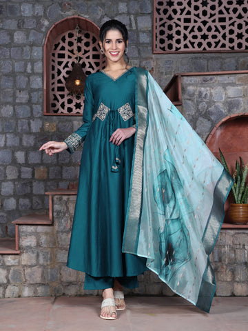 Youthnic Women's Cotton Silk Embroidered Anarkali Kurta Palazzo With Digital Print Dupatta Set (Teal)