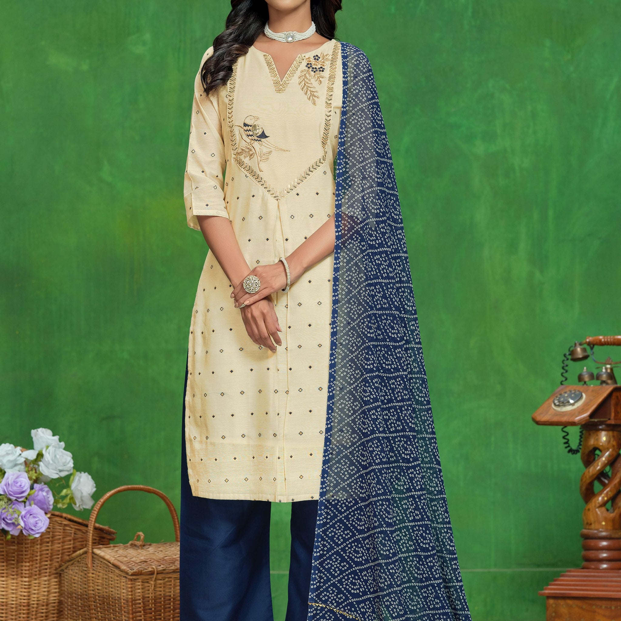 Youthnic Women's Chanderi Cotton Embroidered Straight Kurta Palazzo With Bandhani Dupatta Set