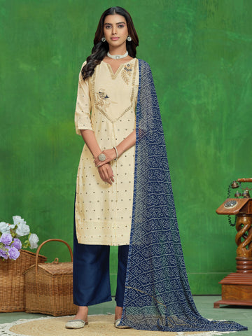 Youthnic Women's Chanderi Cotton Embroidered Straight Kurta Palazzo With Bandhani Dupatta Set