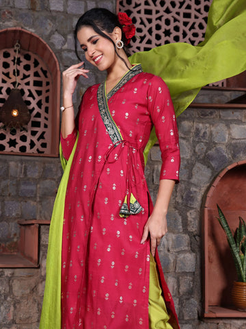 Cherry Poly Viscose Embroidered Angrakha Kurta Salwar With Dupatta Set