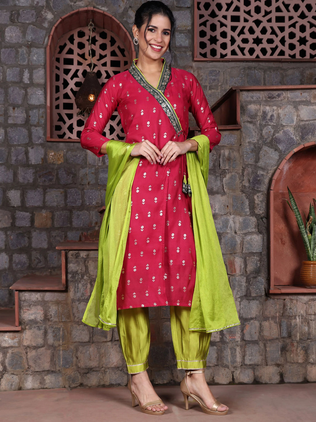 Cherry Poly Viscose Embroidered Angrakha Kurta Salwar With Dupatta Set