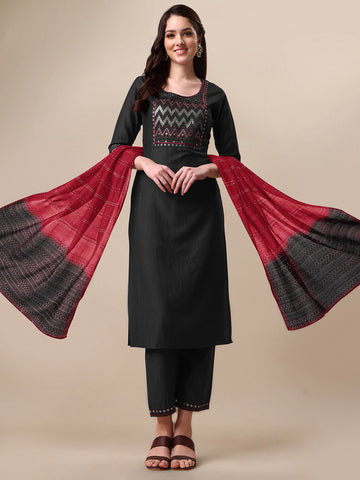 Embroidered Sequence Work Chinon Straight Kurta Pant with Chanderi Ombre Dupatta