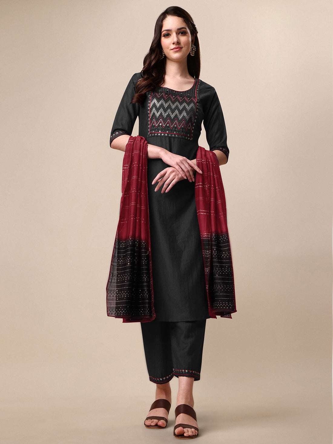 Embroidered Sequence Work Chinon Straight Kurta Pant with Chanderi Ombre Dupatta