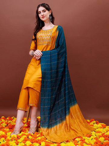 Mustard Embroidered Sequence Work Chinon Straight Kurta Pant with Silk Blend Ombre Dupatta