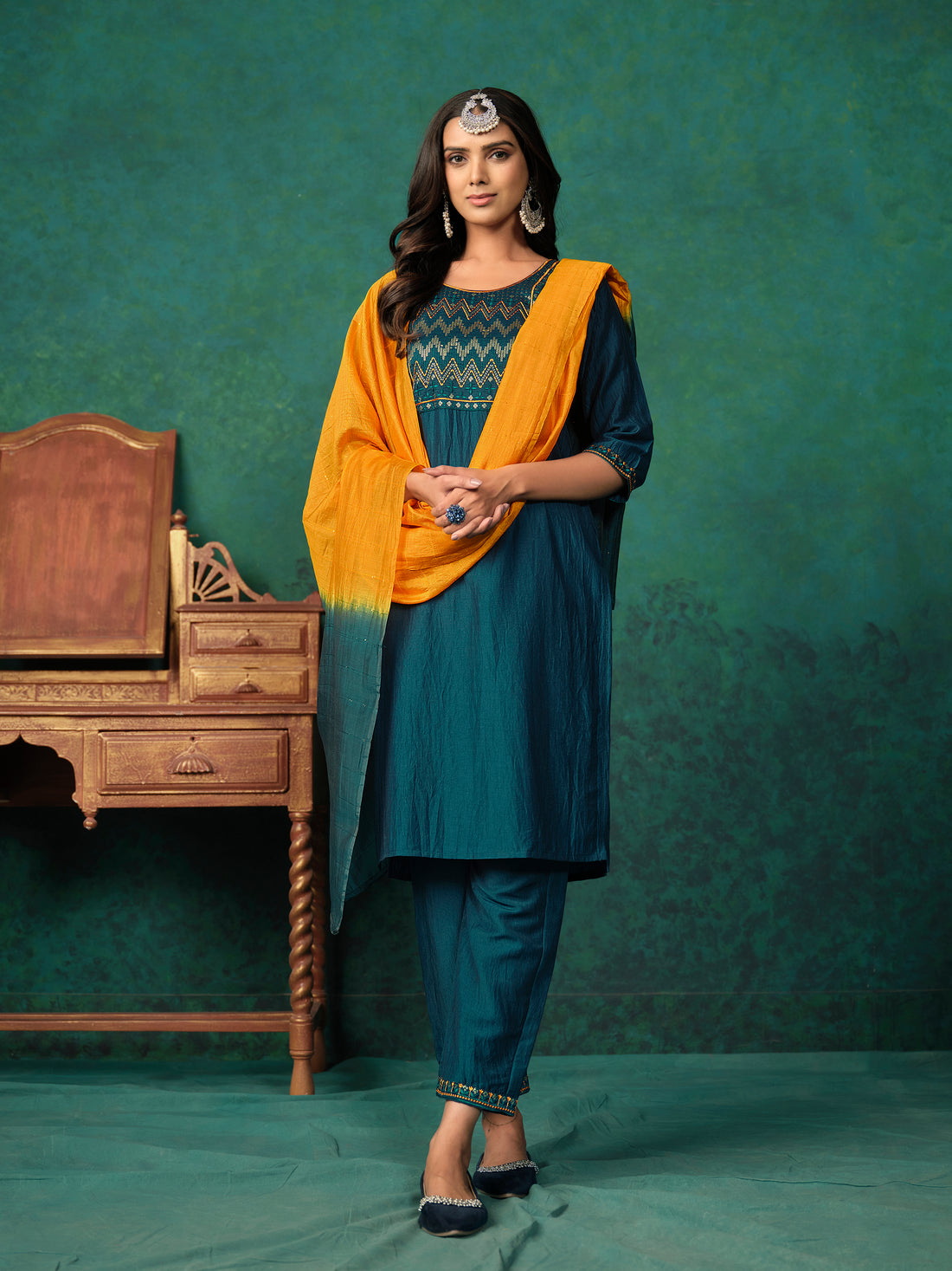 Teal Blue Embroidered Sequence Work Chinon Straight Kurta Pant with Silk Blend Ombre Dupatta
