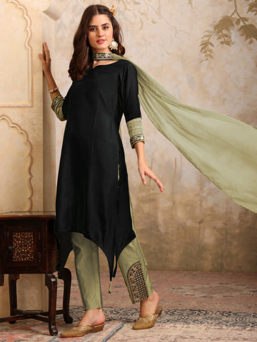 Black Cotton Silk Embroidered Asymmetric Kurta Pant With Choker Dupatta Set