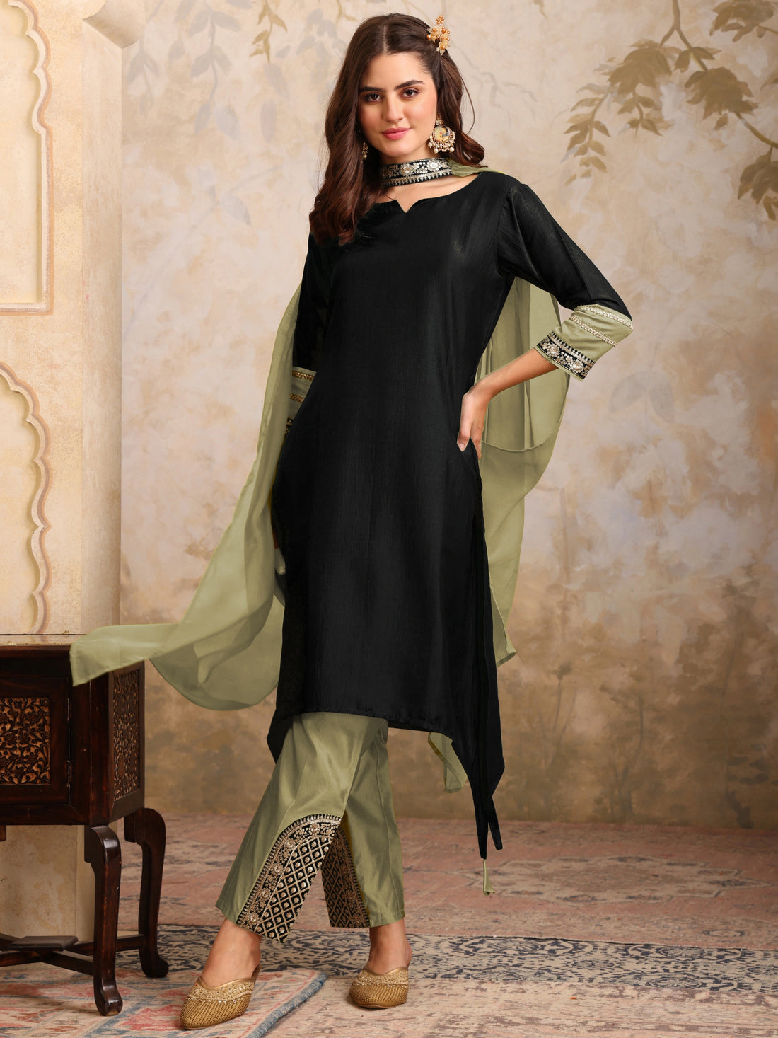 Black Cotton Silk Embroidered Asymmetric Kurta Pant With Choker Dupatta Set