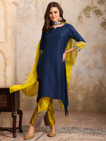 Navy Cotton Silk Embroidered Asymmetric Kurta Pant With Choker Dupatta Set