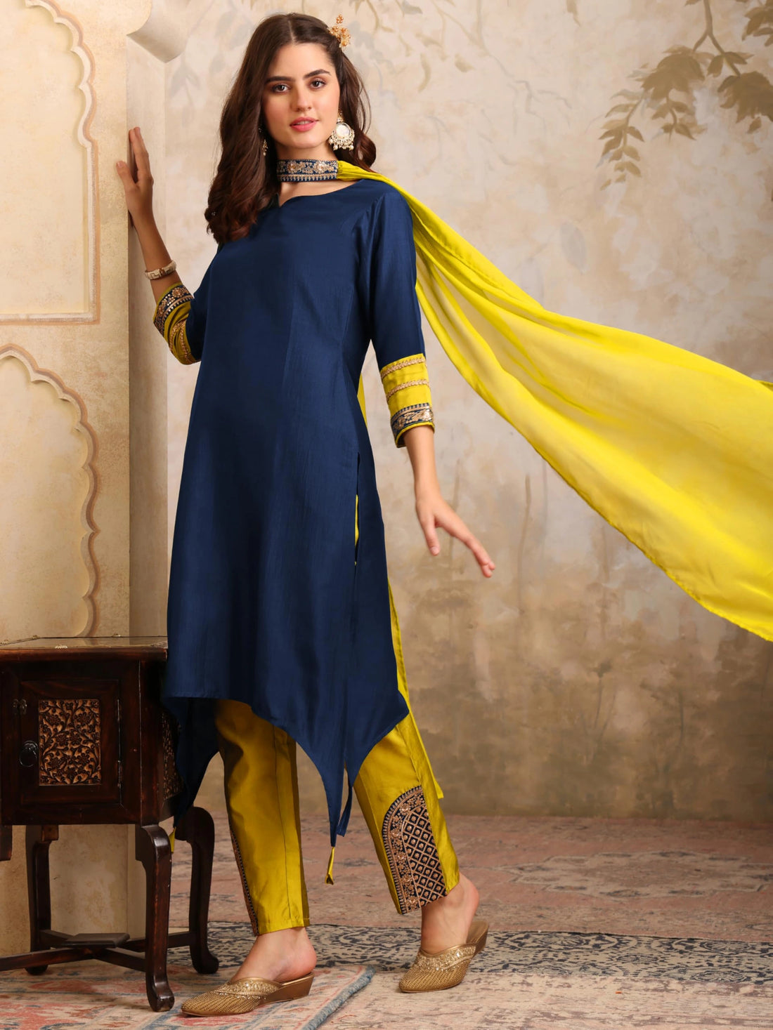 Navy Cotton Silk Embroidered Asymmetric Kurta Pant With Choker Dupatta Set