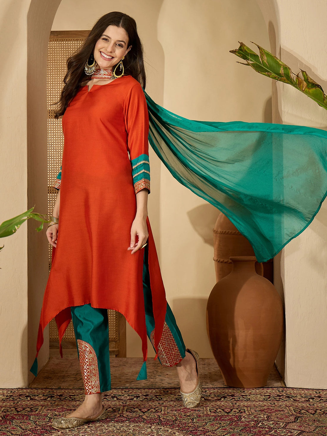 Orange Cotton Silk Embroidered Asymmetric Kurta Pant With Choker Dupatta Set