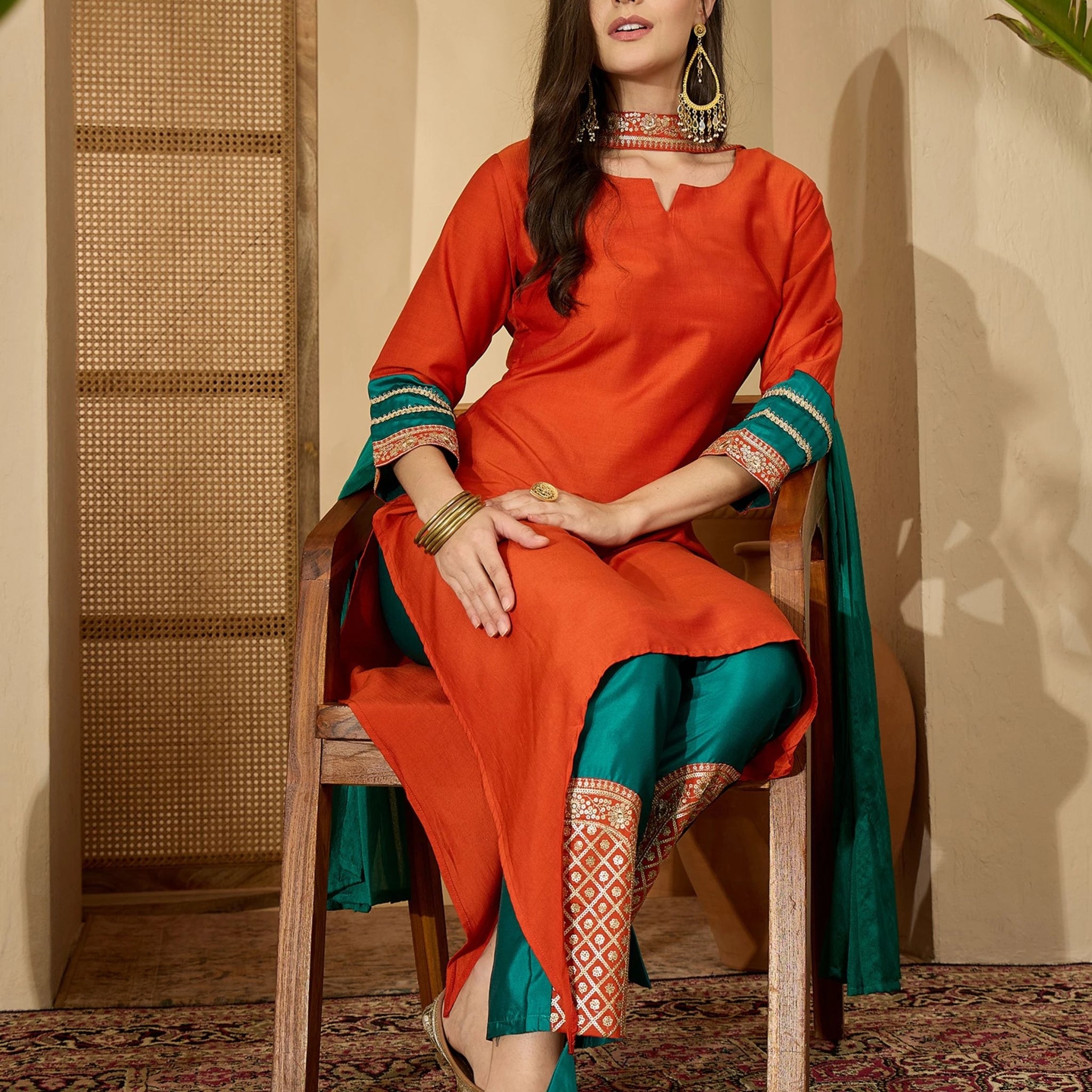 Orange Cotton Silk Embroidered Asymmetric Kurta Pant With Choker Dupatta Set