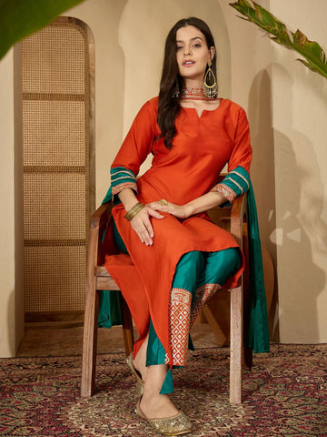 Orange Cotton Silk Embroidered Asymmetric Kurta Pant With Choker Dupatta Set
