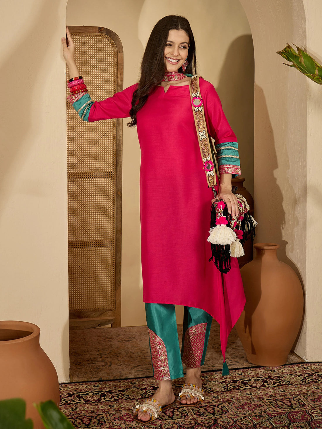 Pink Cotton Silk Embroidered Asymmetric Kurta Pant With Choker Dupatta Set