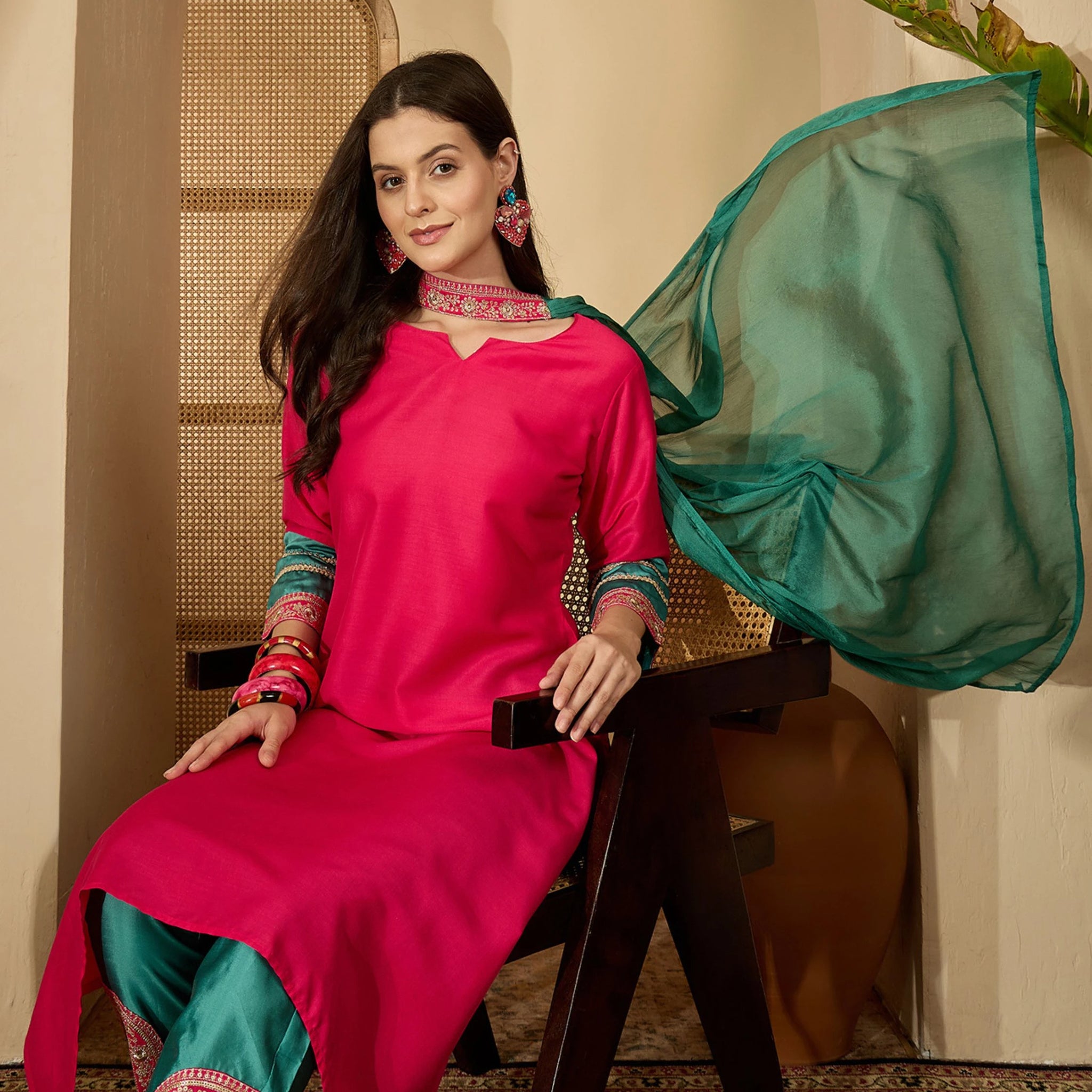 Pink Cotton Silk Embroidered Asymmetric Kurta Pant With Choker Dupatta Set