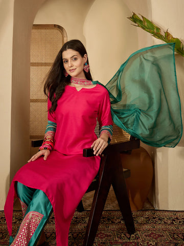 Pink Cotton Silk Embroidered Asymmetric Kurta Pant With Choker Dupatta Set