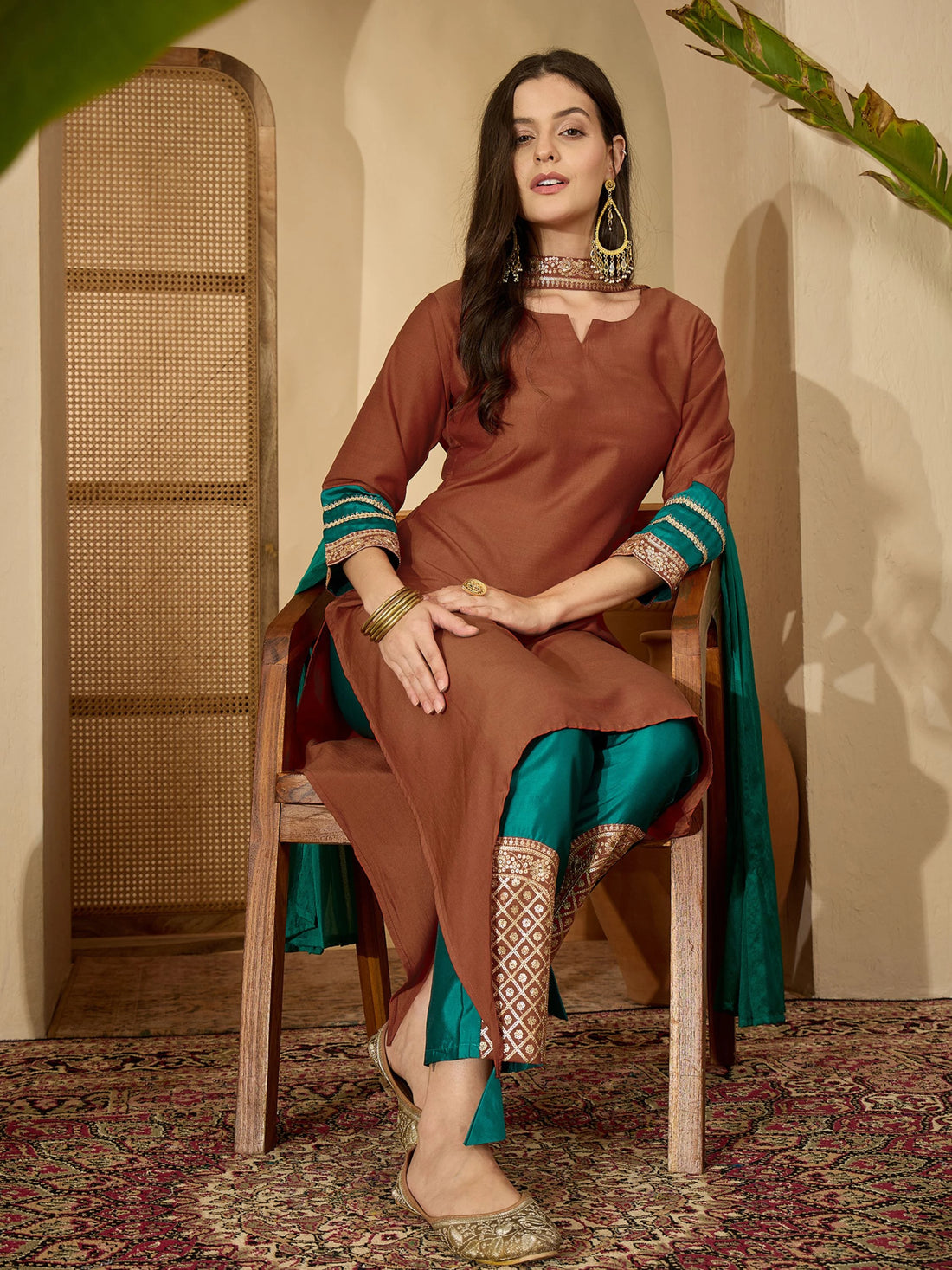 Rust Cotton Silk Embroidered Asymmetric Kurta Pant With Choker Dupatta Set