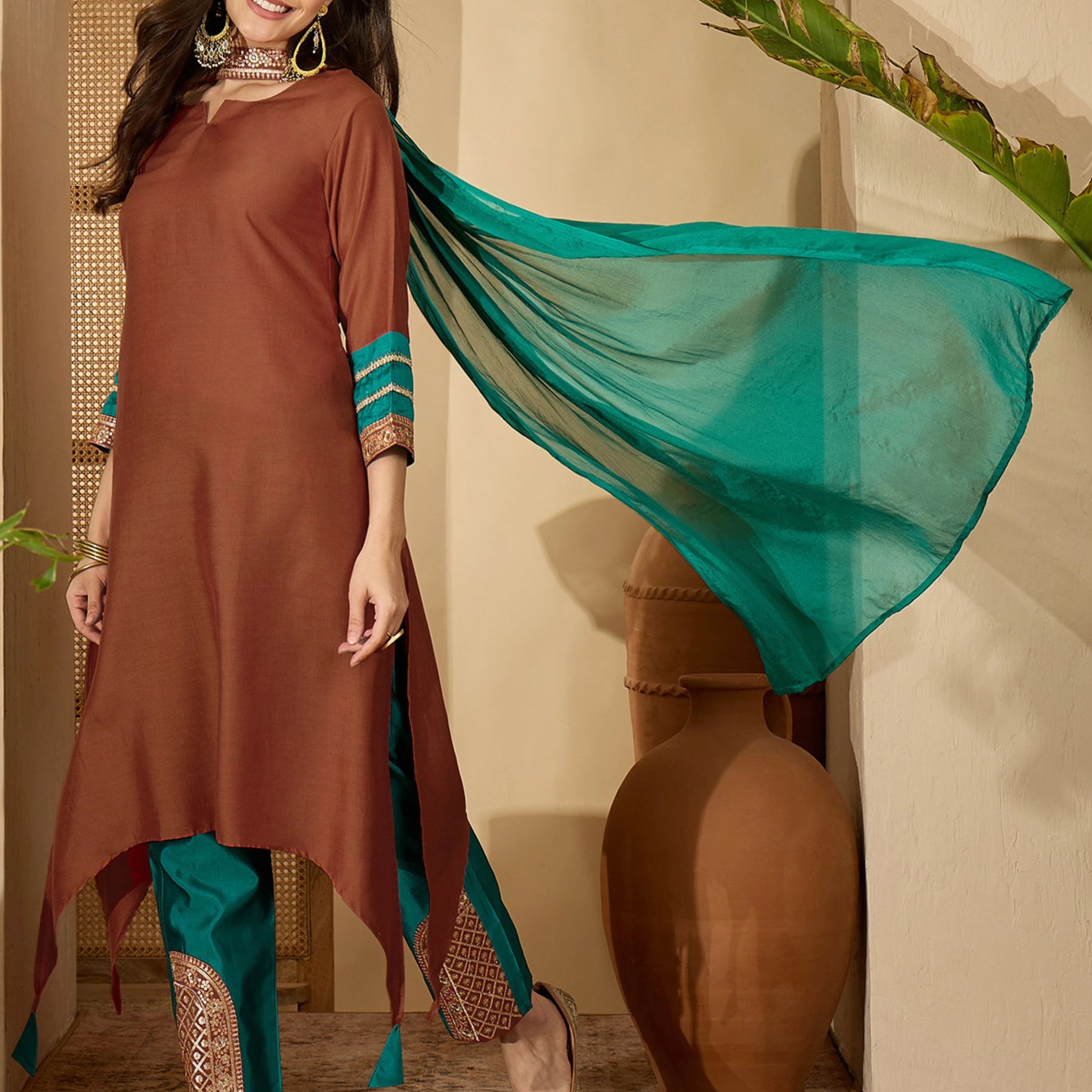 Rust Cotton Silk Embroidered Asymmetric Kurta Pant With Choker Dupatta Set