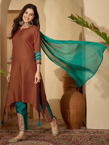 Rust Cotton Silk Embroidered Asymmetric Kurta Pant With Choker Dupatta Set
