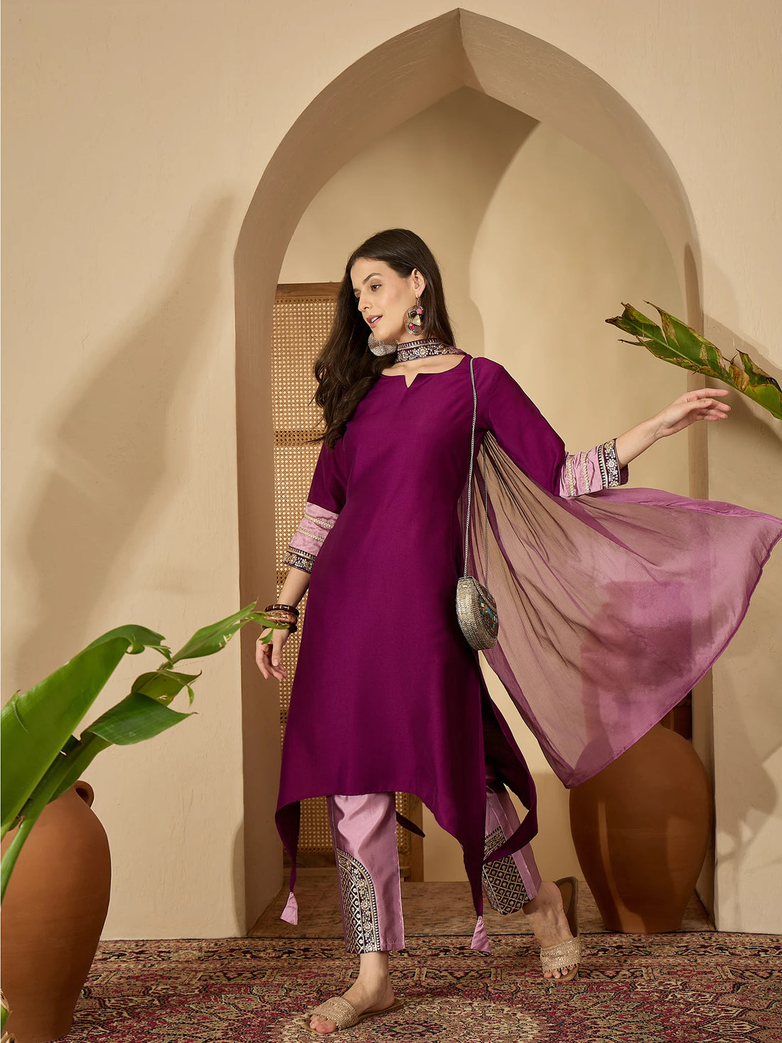 Wine Cotton Silk Embroidered Asymmetric Kurta Pant With Choker Dupatta Set