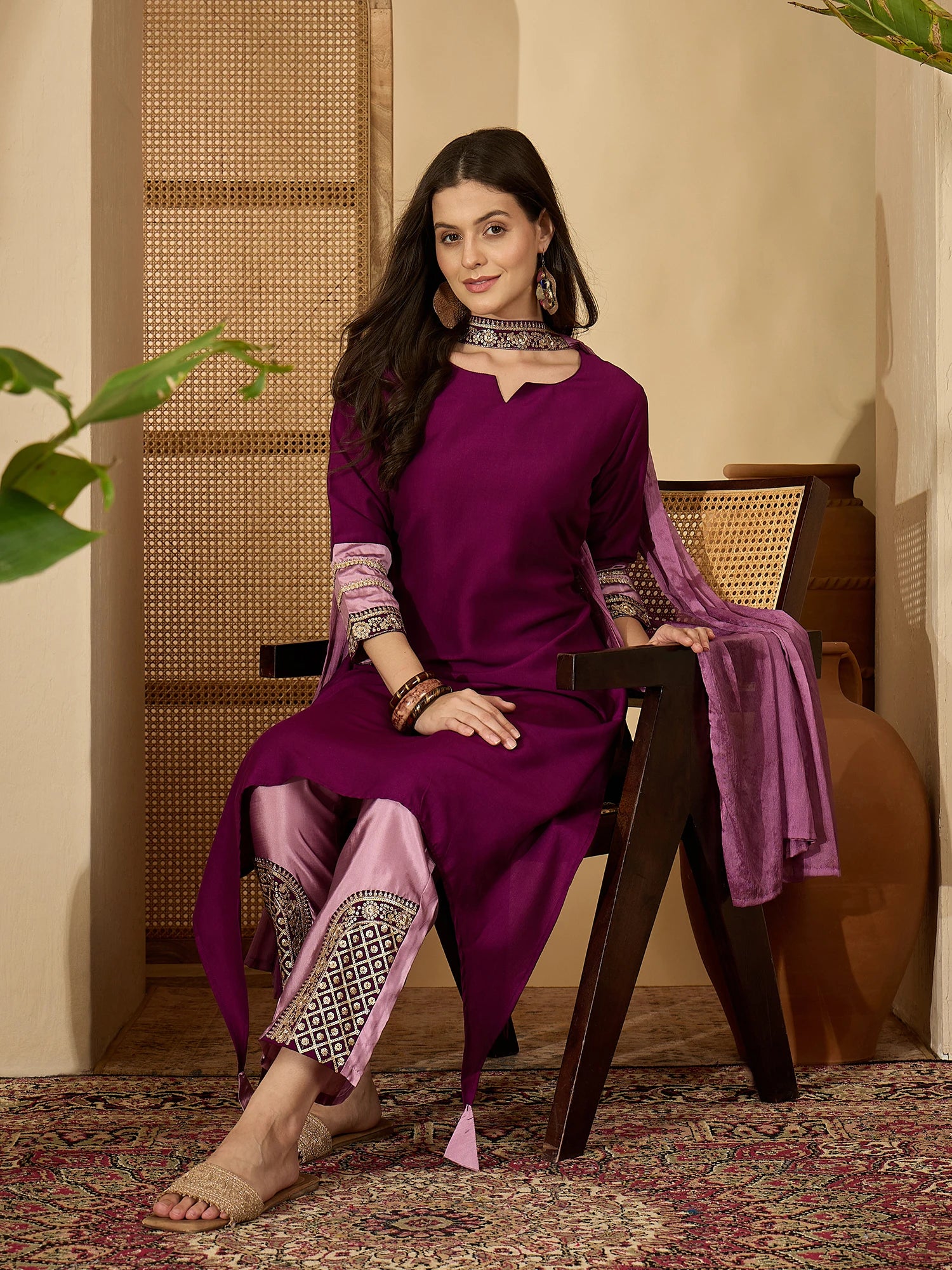 Wine Cotton Silk Embroidered Asymmetric Kurta Pant With Choker Dupatta Set