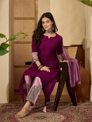 Wine Cotton Silk Embroidered Asymmetric Kurta Pant With Choker Dupatta Set