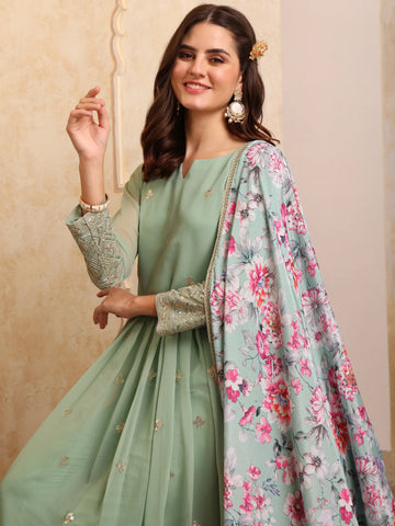 Dusty Green Georgette Embroidered Anarkali Kurta Pant with Dupatta Set