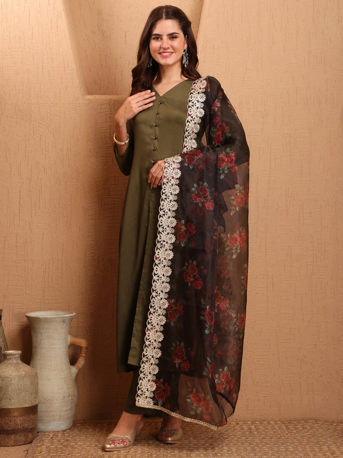 Cotton Silk Green Solid Hight Front Slit A-Line Kurta Palazzo With Organza Dupatta Set