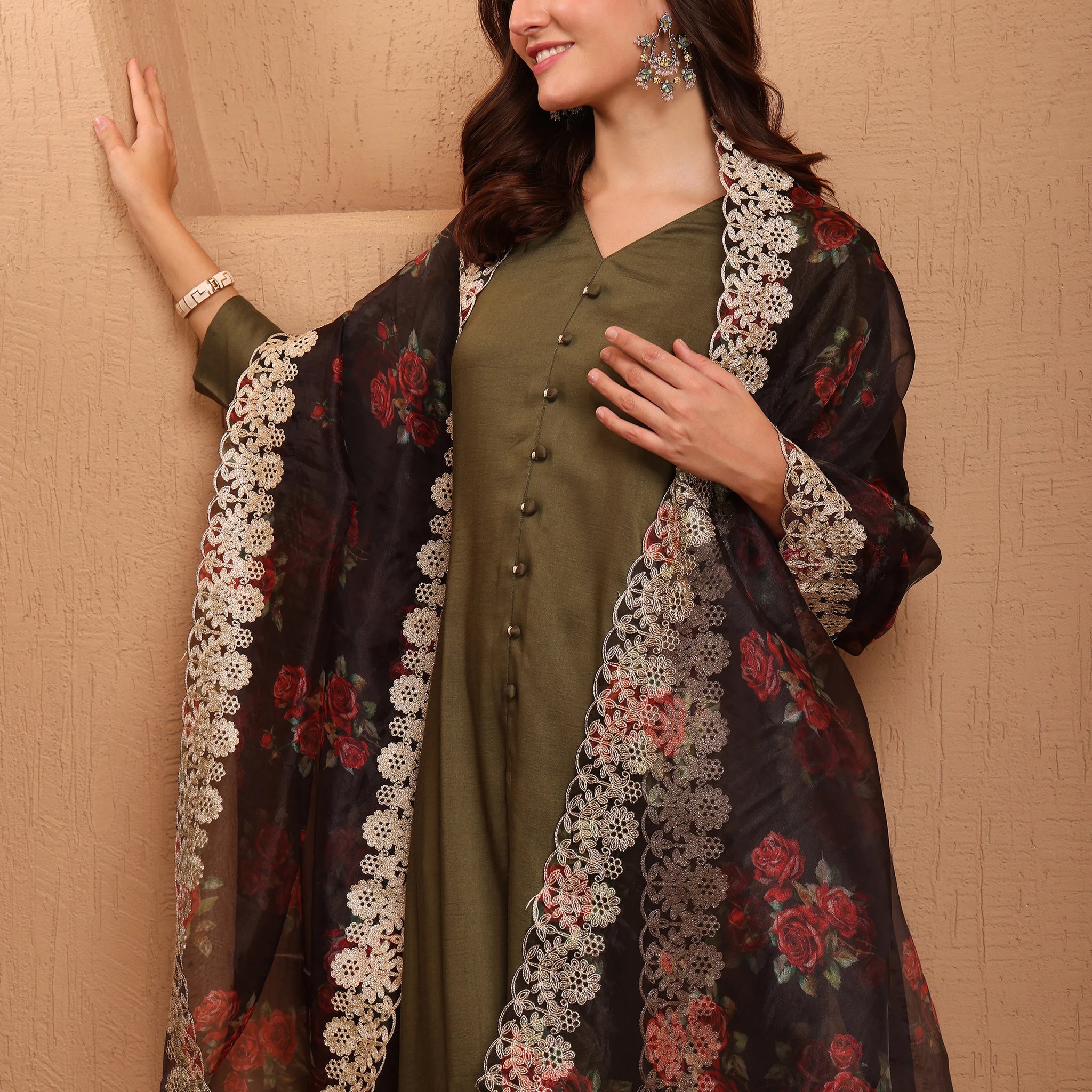 Cotton Silk Green Solid Hight Front Slit A-Line Kurta Palazzo With Organza Dupatta Set