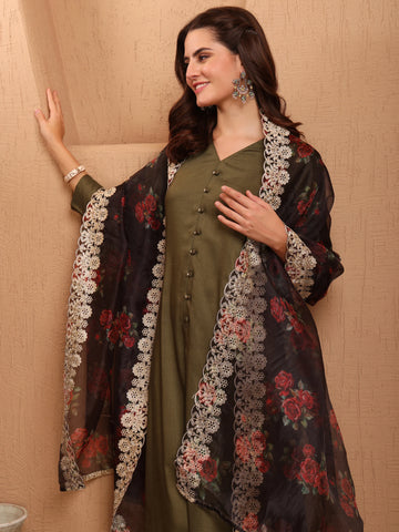 Cotton Silk Green Solid Hight Front Slit A-Line Kurta Palazzo With Organza Dupatta Set