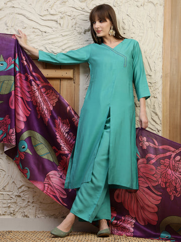 Dusty Green Silk Blend Solid  Angrakha Kurta Palazzo With Digital Print Dupatta Set